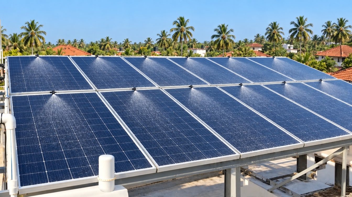Automatic sprinkler cleaning system on a Kerala rooftop: one small nozzle on the top edge of each solar panel spraying a fine fan of water down the glass