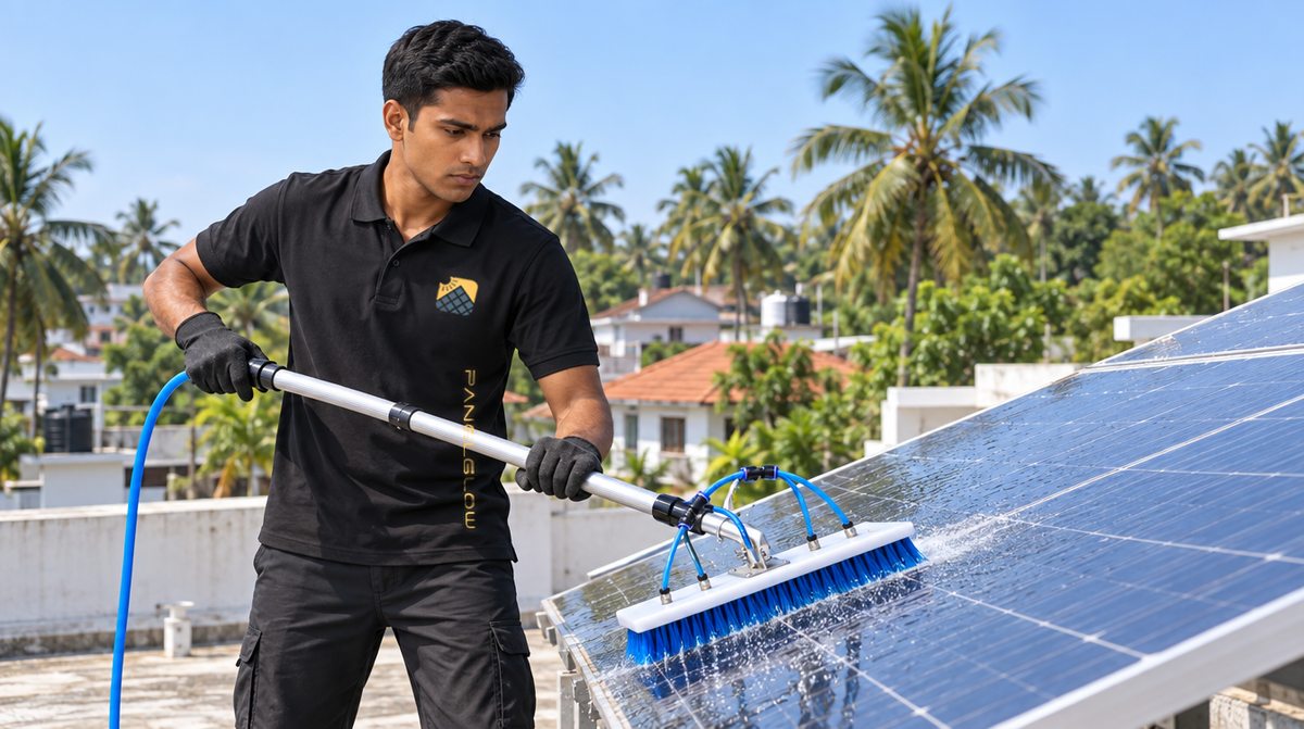 PanelGlow technician cleaning panels with a water-fed soft brush